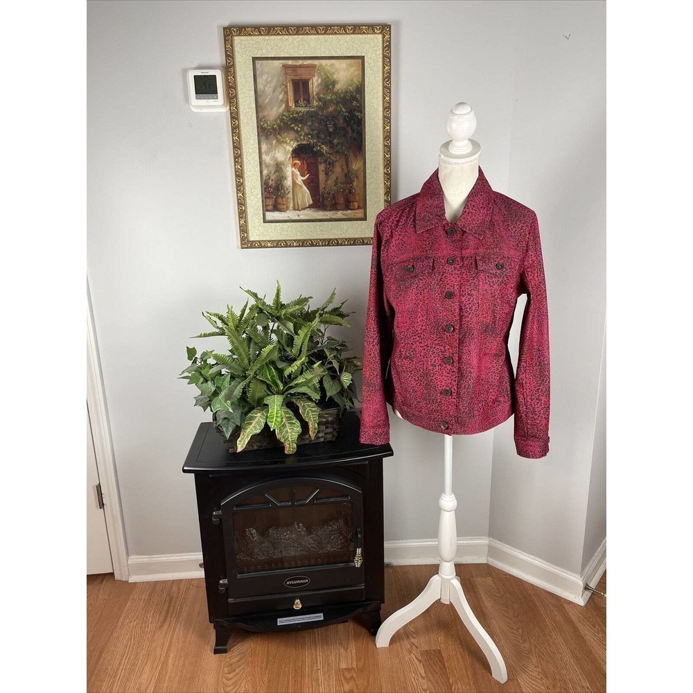 Live A Little Jacket Women M Black And Red Denim Button Down‎ Pocket Long Sleeve